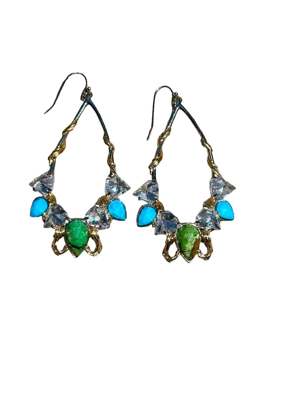 Alexis Bittar Gold/Silver Tone Teardrop Earrings with Turquoise and Green Stones